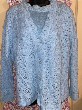VTG LIGHT BLUE GLITTER CARDIGAN TWIN SET Metallic Shimmer Sweater BFA CLASSICS